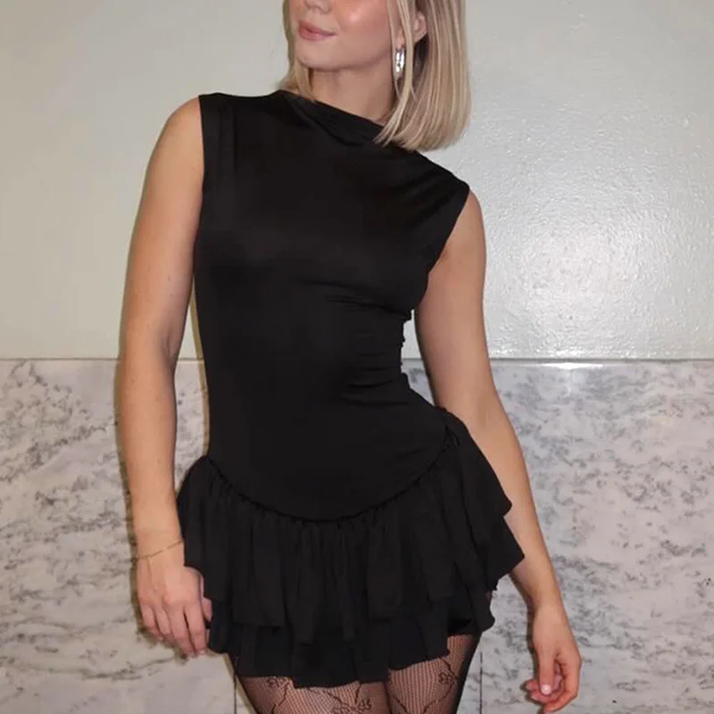 Vestidos elegantes para mujer, sexys, de color liso, cuello redondo, sin mangas, con dobladillo con volantes, vestidos para salir, fiestas y clubes.