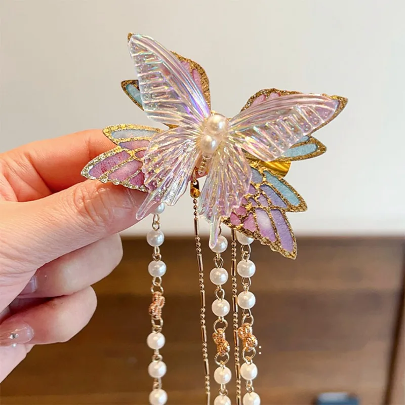 Advanced Crystal Butterfly Children's Hair Clip, Half Tied Tassel, Girls' Hanfu, Head Back, Hair Side Clip Beautiful Princess