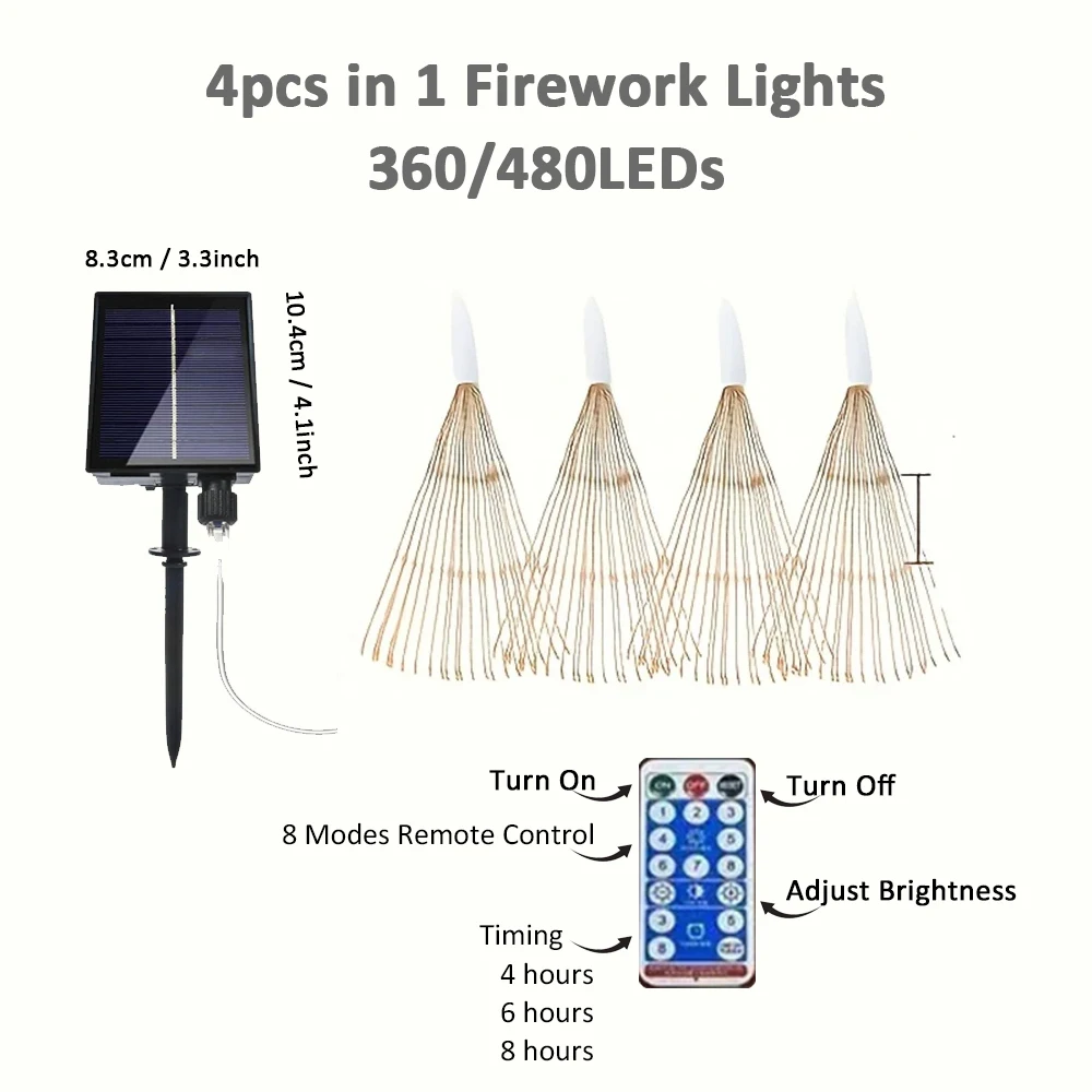 Solar Firework Light 360/480 Led Copper Wire Starburst Outdoor Fairy Light with 8 Modes Remote for Garden Patio Tree Eave Party