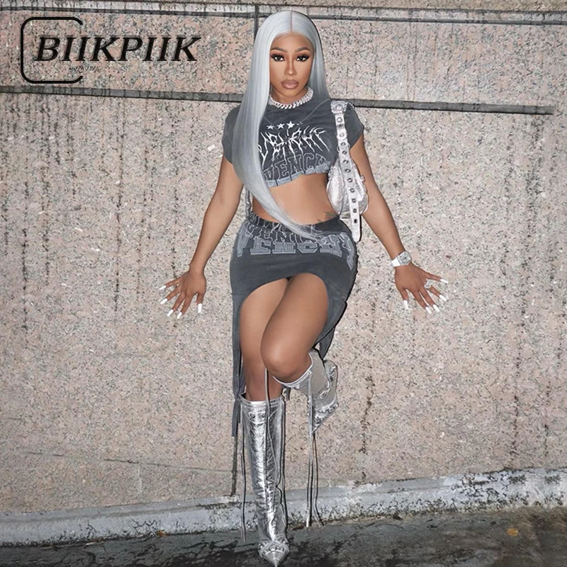 

BIIKPIIK Letter Print Fashion 2 Piece Sets O Neck Crop Top + Irregular High Waist Mini Skirts Suits Stunning Unique Outfits New