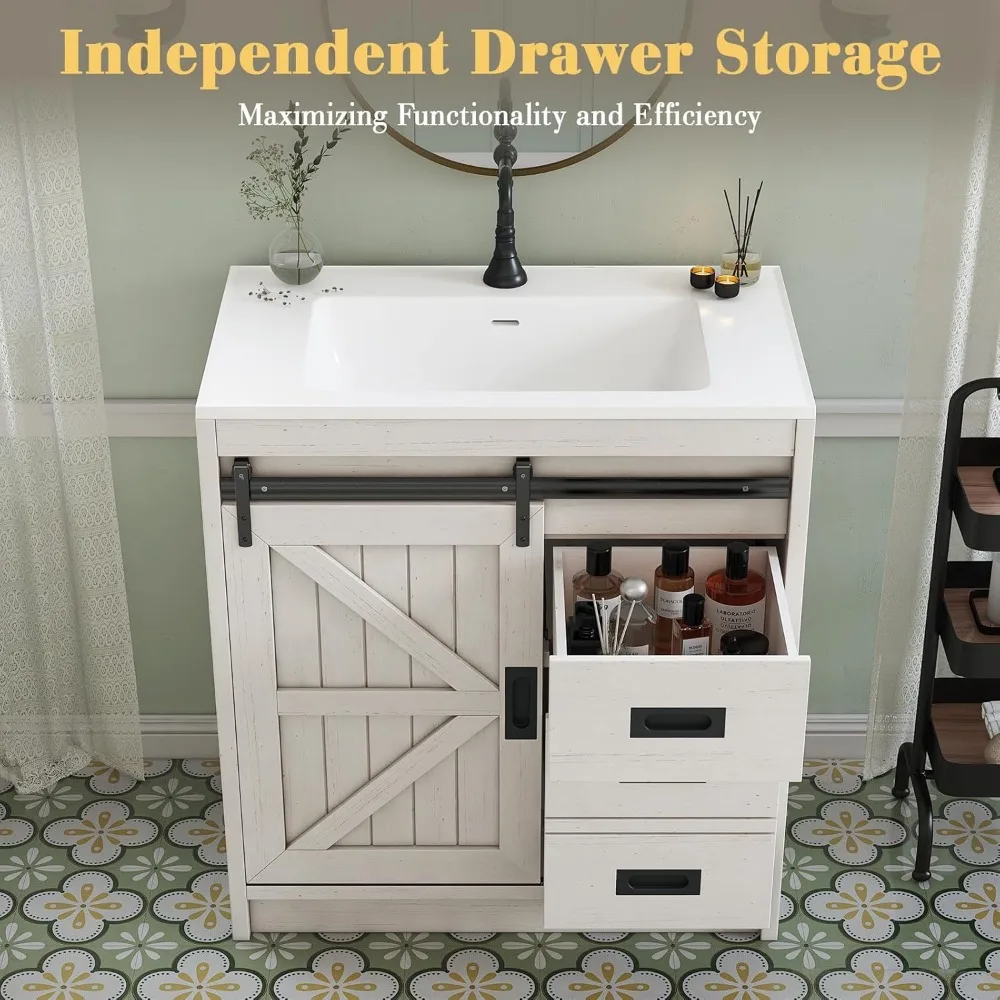 31" Farmhouse Sliding Barn Door Bathroom Vanity with Sink Combo Bathroom Vanity Cabinet with Drawers Distressed White 5