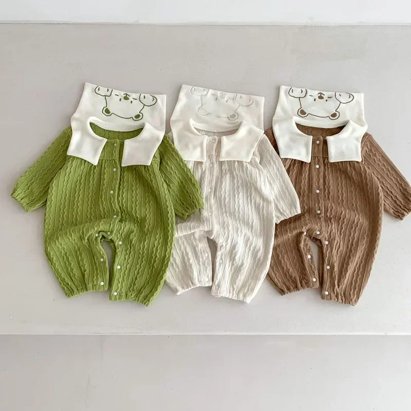 

2023 Autumn Newborn Baby Romper 0-3Years Kids Boy Girl Long Sleeve Bear Collar Single Breasted Cotton Jumpsuit Playsuit Clothes