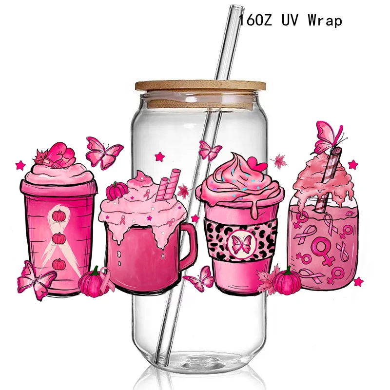 8+ Breast Cancer Awareness 3D UV DTF Cup Wraps Transfer Stickers Pink Ribbon Affirmation UV Wraps Decals 16oz Libbey Glass