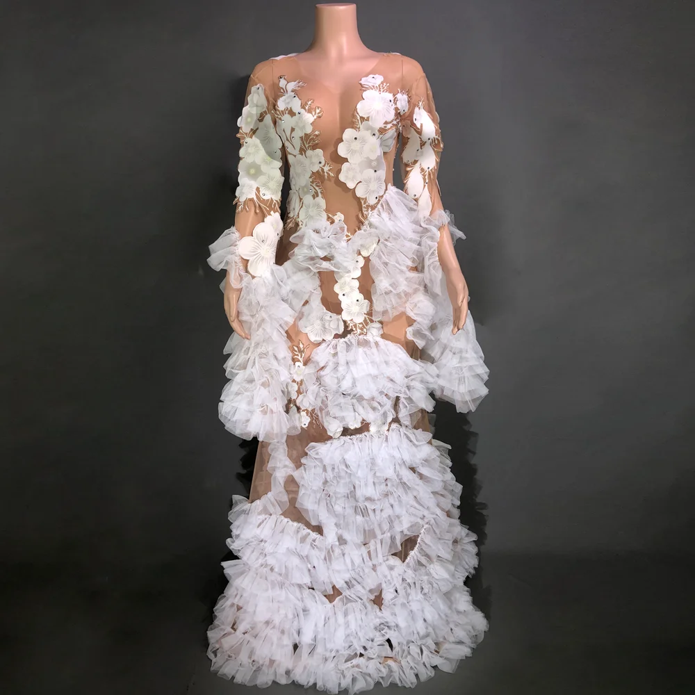 

Elegant Prom Evening Wedding Birthday Celebrate Dress Sexy Sheer White Flowers Long Train Dress Show Stage Wear Photo Shoot