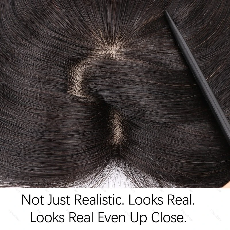 No Clip Human Hair Topper L-Hook Strong Grip Velcro Base 8x11cm Skin Like Hair Toppers Realistic Hairpart 25cm Mocha Brown 1B 6