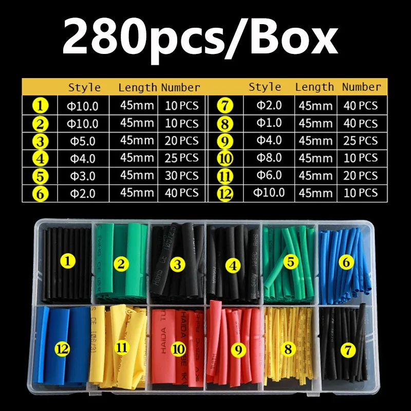 280PCS Car Wire Connector Shrinking Assorted Heat Shrink Tube Polyolefin Auto Motorcycle Wire Cable Insulated Sleeving Tubing