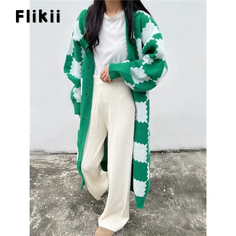 

Women Chic Vintage Style Plaid Knitting Long Sleeve X-long Cardigans 2023 Winter Fashion Casual Oversized Autumn Fashion Sweater