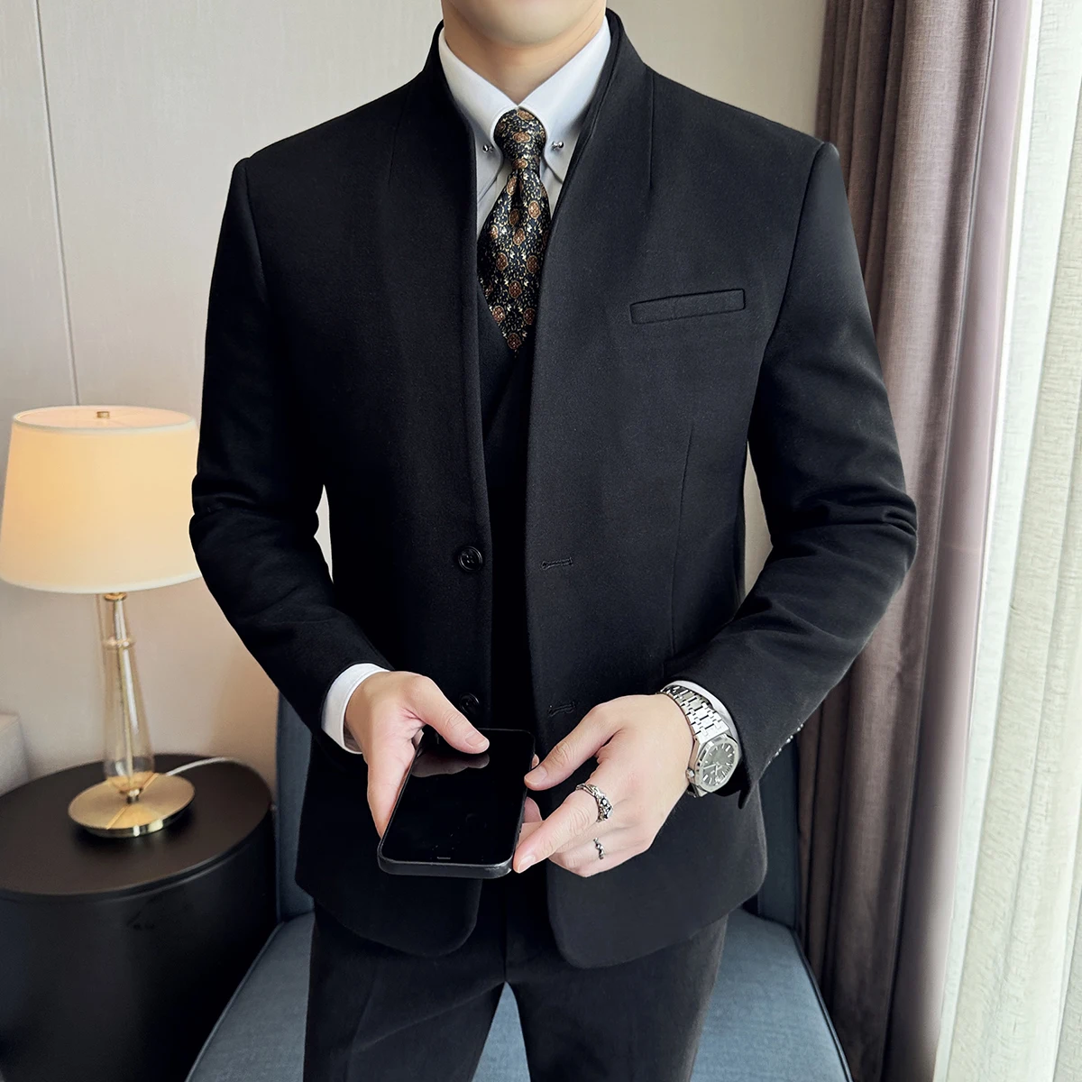 Chinese Stand-up Collar Woolen Suit Autumn Winter Men's Business Casual Groom Wedding Slim Fit Tuxedo ( Jacket+Pants ) Formal Suit Business Men Clothing