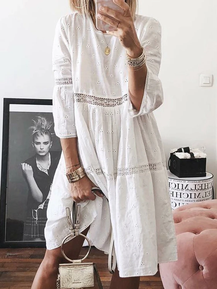 White Summer Dress Women Hollow Out Lace Patchwork Sundresses Floral Printed Mid Calf Crew Neck Dress white dress
