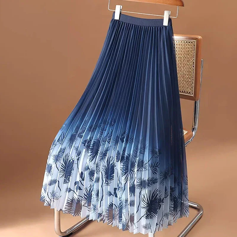 

Модный градиентный женский 2024 летний винтажный принт в сеточку трапециевидной формы с высокой талией плиссированный миди женский Z534