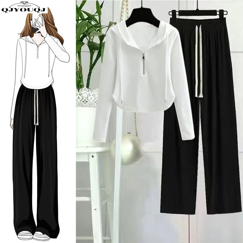 Single/Set Women's New Korean Edition Design Feel Zipper Curved Hoodie+High Waist Wide Leg Pants Two Piece Set new carpentry gear type toolbar multipoint fixation creating complex shapes and curves woodworking design irregular curved lines