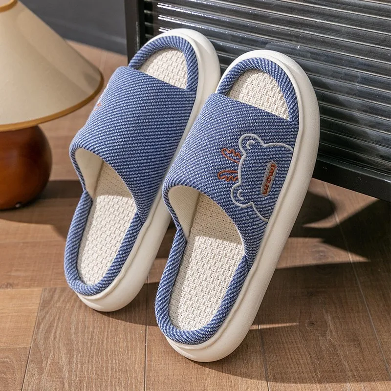 Hot Sale Women Linen Slippers Four Seasons Women Indoor Sandals Adults Cartoon Slides Couples Cute Breathable Home Shoes TG18 4