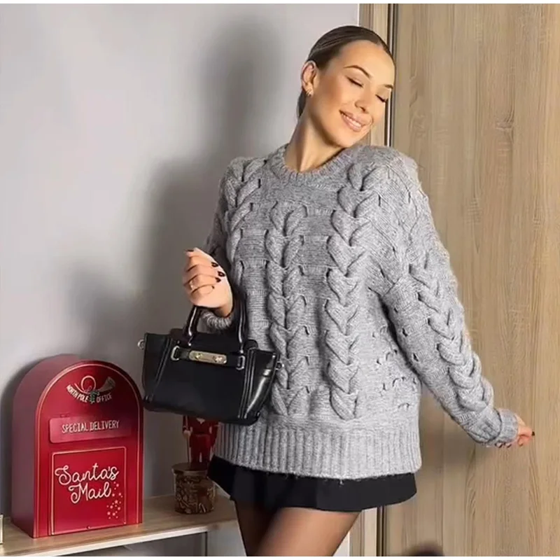 Suéteres casuales de punto con cuello redondo para mujer, suéter vintage holgado gris de manga larga, suéter para mujer, moda urbana versátil.