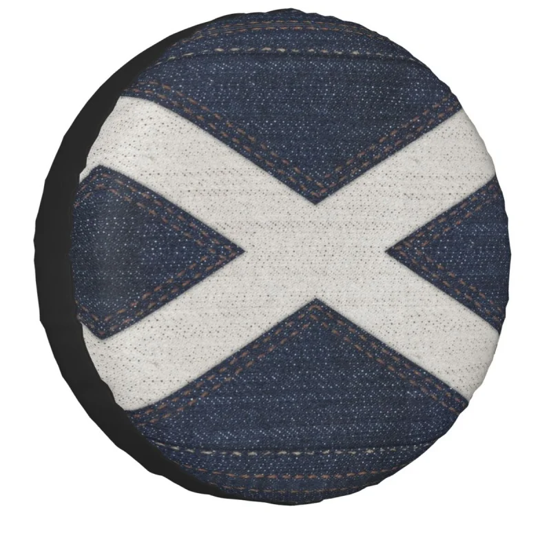 

Flag Of Scotland In Denim Texture Spare Tire Cover Bag for Suzuki Mitsubish Scottish Jeans Car Wheel Covers