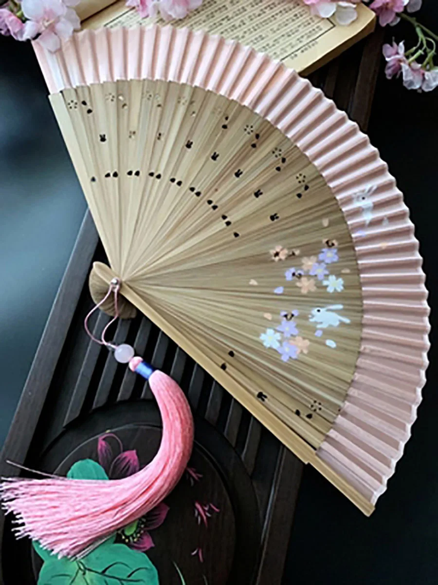 Bamboo Folding Hand Fan for Women, Chinese Style, Floral Patterns, Vintage Dancing Party, Summer Hanfu for Ladies, Girls