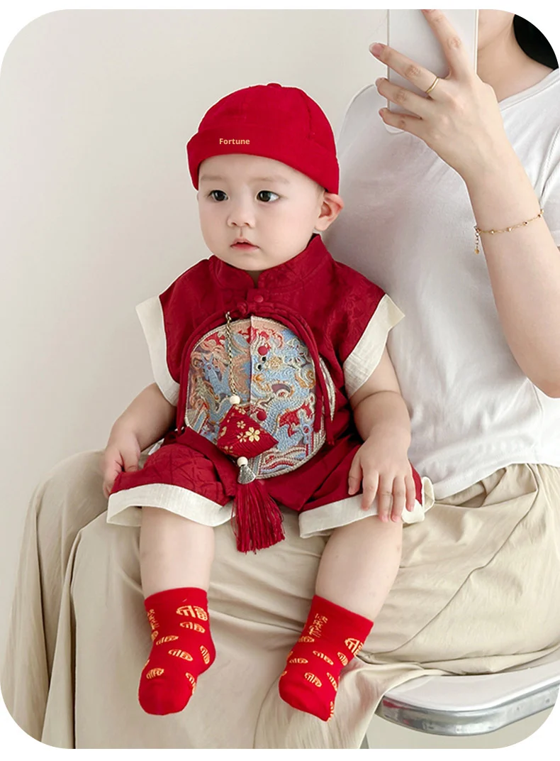 【Youqi】زي أطفال صيني للأطفال من عمر 0 إلى عامين، طقم صيفي شورت بأكمام قصيرة، زي احتفال مائة يوم على شكل قمر كامل أحمر، طقم مكون من قطعتين لعيد الميلاد الأول