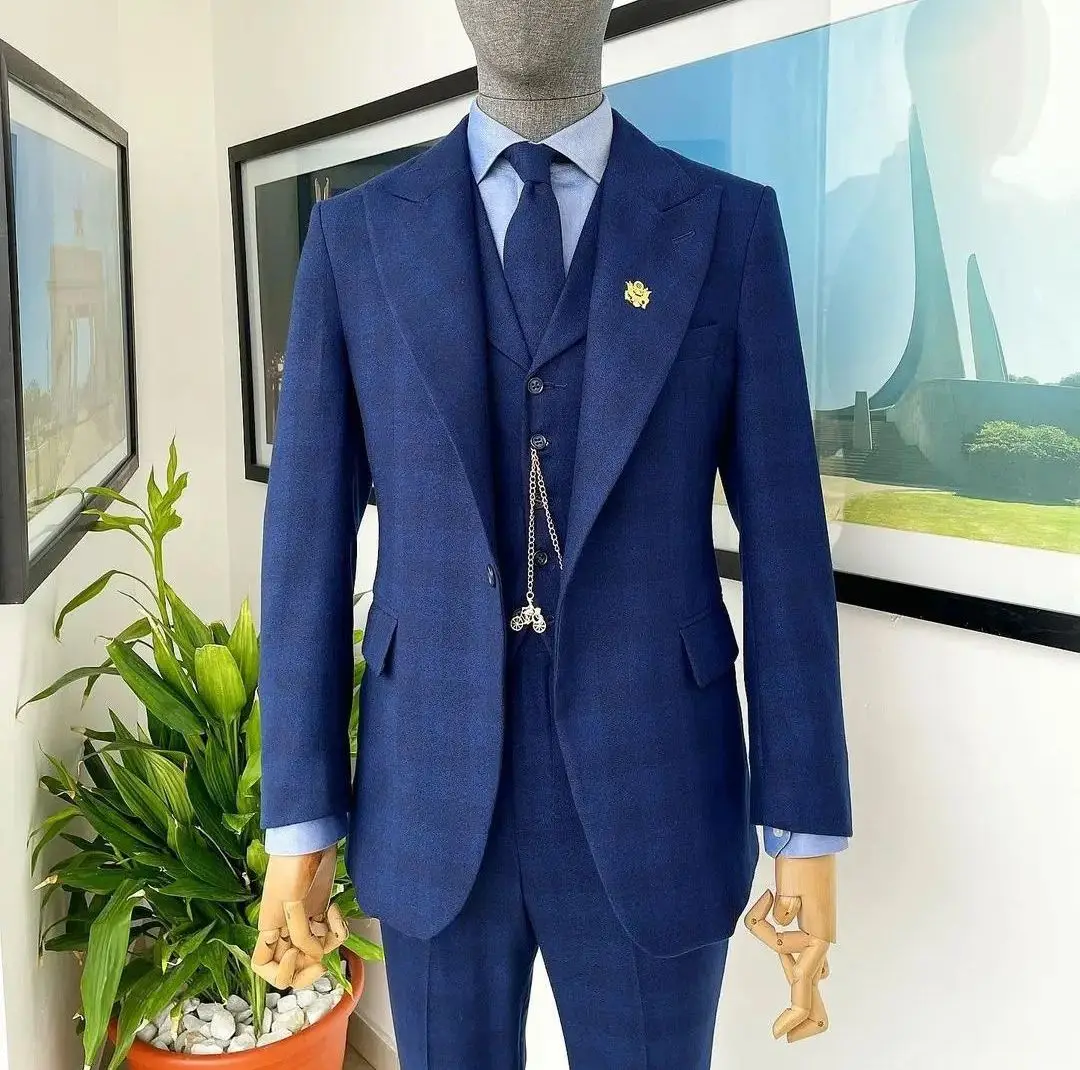 Navy Men Suits Tailor-Made 3 Pieces Blazer Vest Pants One Button Peaked Lapel Slim Stylish Business Wedding Plus Size Tailored