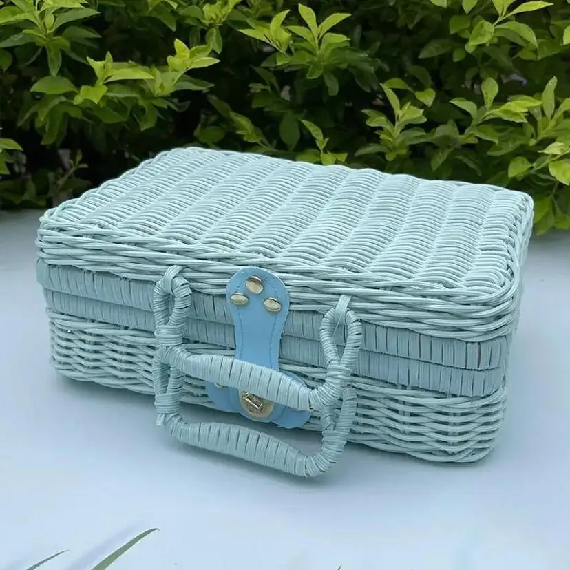1Pcs Portable PP Rattan Baskets Picnic Storage Basket Retro Wicker Suitcase Woven Hand Gift Box Sundries Cosmetic Organizer Boxs