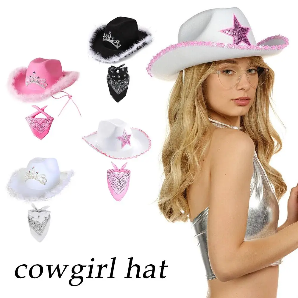 Kids Western Cowboy Hat With Head Scarf Set Children Boys Girls Halloween Cosplay Cap Carnival Party Cowgirl Costume Accessory