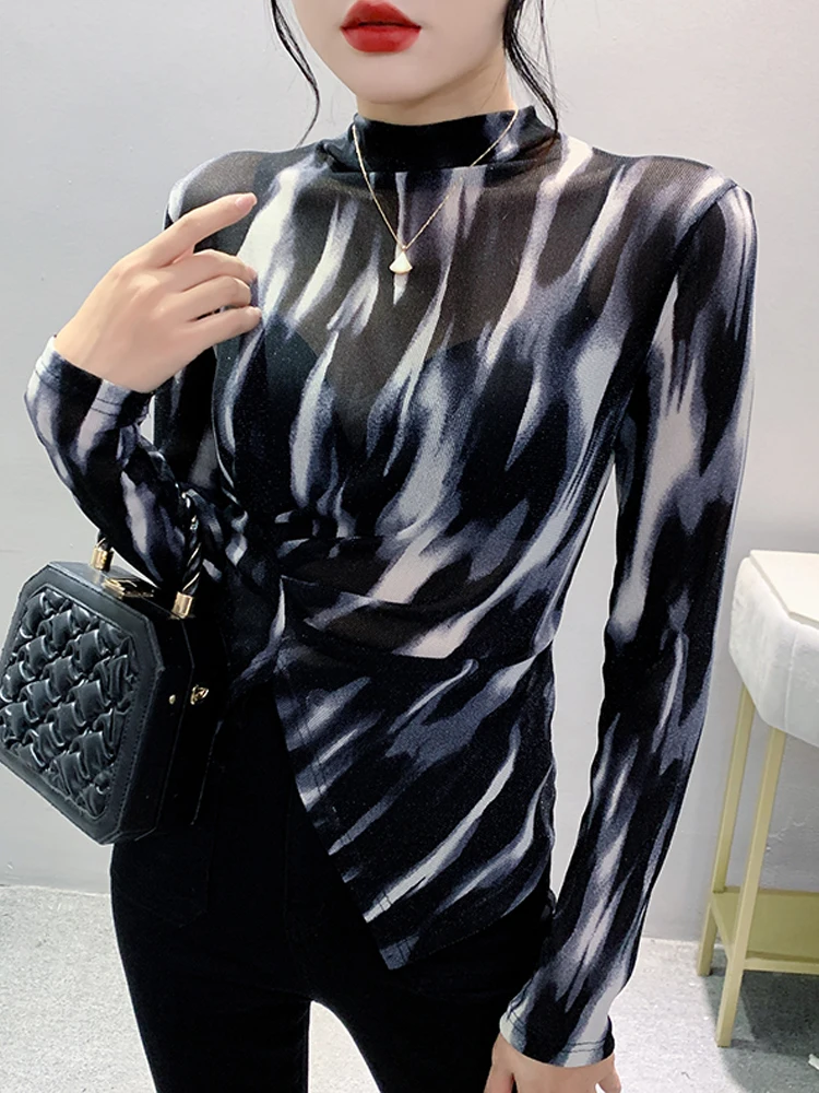 

Элегантная Базовая футболка Winsleter, футболки с длинным рукавом, женские сексуальные полуводолазки с разрезом, тонкие сетчатые топы, новинка, Осень-зима T38049JC