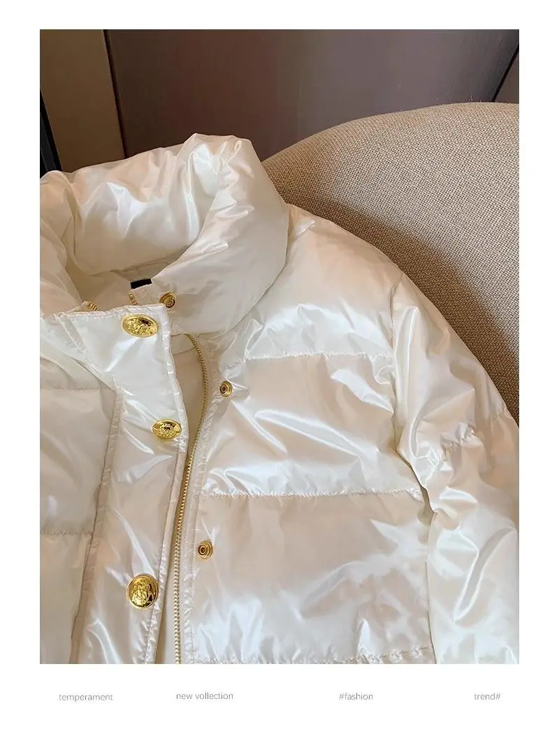 Chic Design White Parkas Women Puffer Jacket Puffy Coat Button Winter Warm Thick Long Sleeve Short Jacket Stand Collar Outerwear
