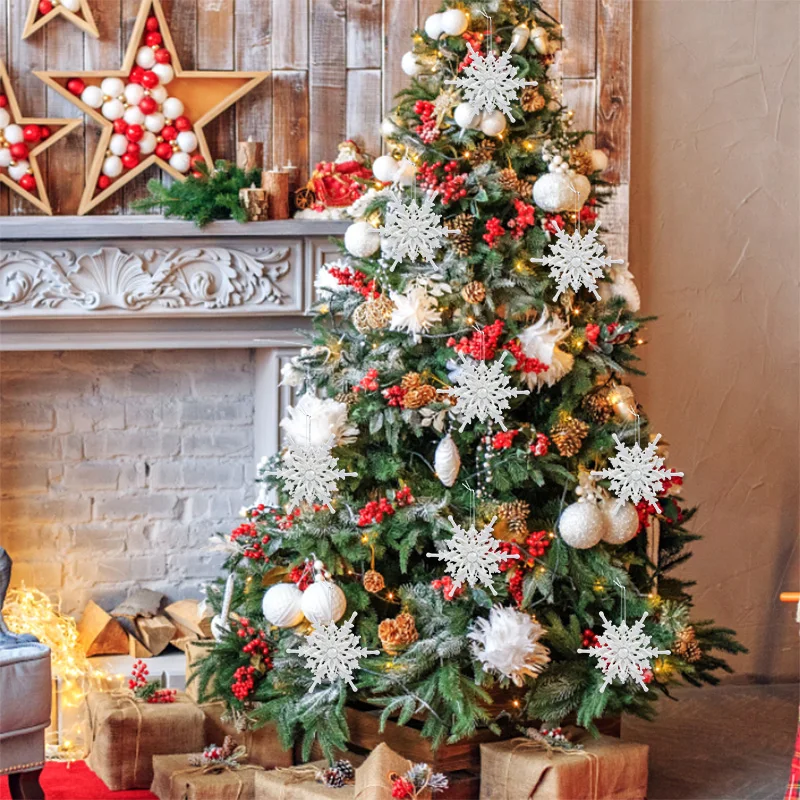 12cm Christmas 3D Snowflake Pendants Ice Glitter White Snowflake Xmas Tree Hanging Decoration For Home New Year Noel Gifts