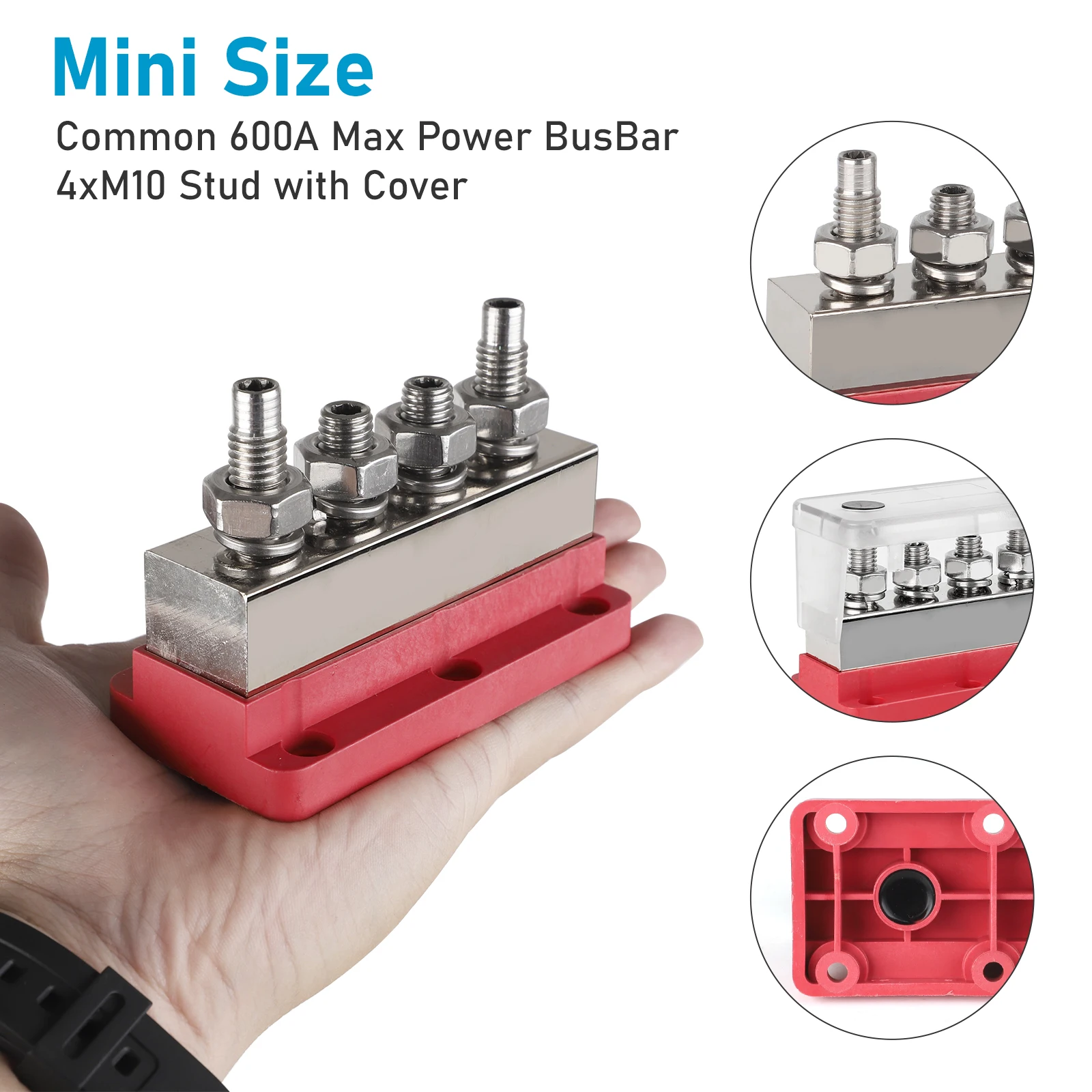 4 x M10 Bolzen (3/8 Zoll) Marine-Batterie-Sammelschiene, robust, 12–48 V, 600 A, wasserdichter Klemmenblock, Schwarz und Rot, für LKW, Marine, Solar – Detail 5
