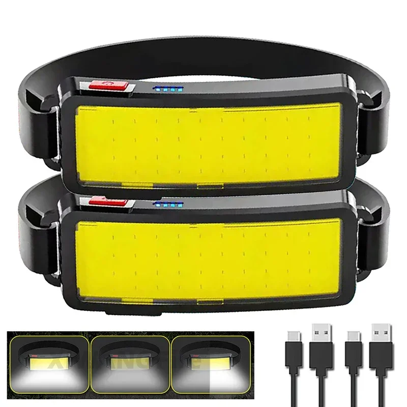 Lampe frontale LED COB puissante rechargeable Type-C intégrée étanche pour pêche camping randonnée