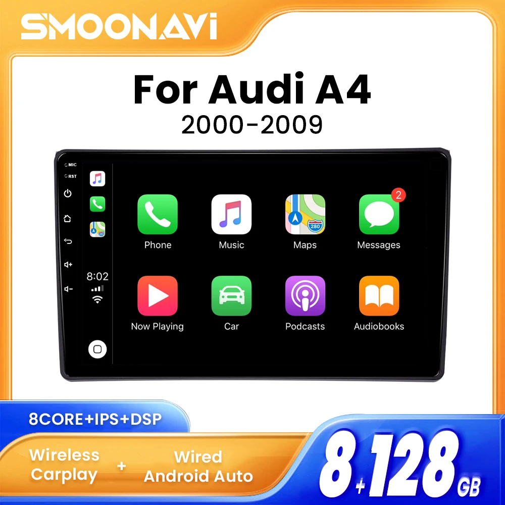 

Автомобильный радиоплеер Carplay Android 12 для Audi A4 B6 2000-2009 8 ГБ + 128 ГБ IPS GPS 8 ядер DSP навигация RDS мультимедиа