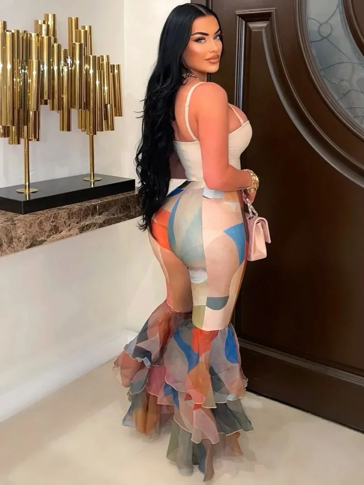 Wmstar Colorful Women's High Waisted Slim Fit Pants Tie Dye Printed Flared Pants with Ruffle Edges Wholesale Dropshipping 2024