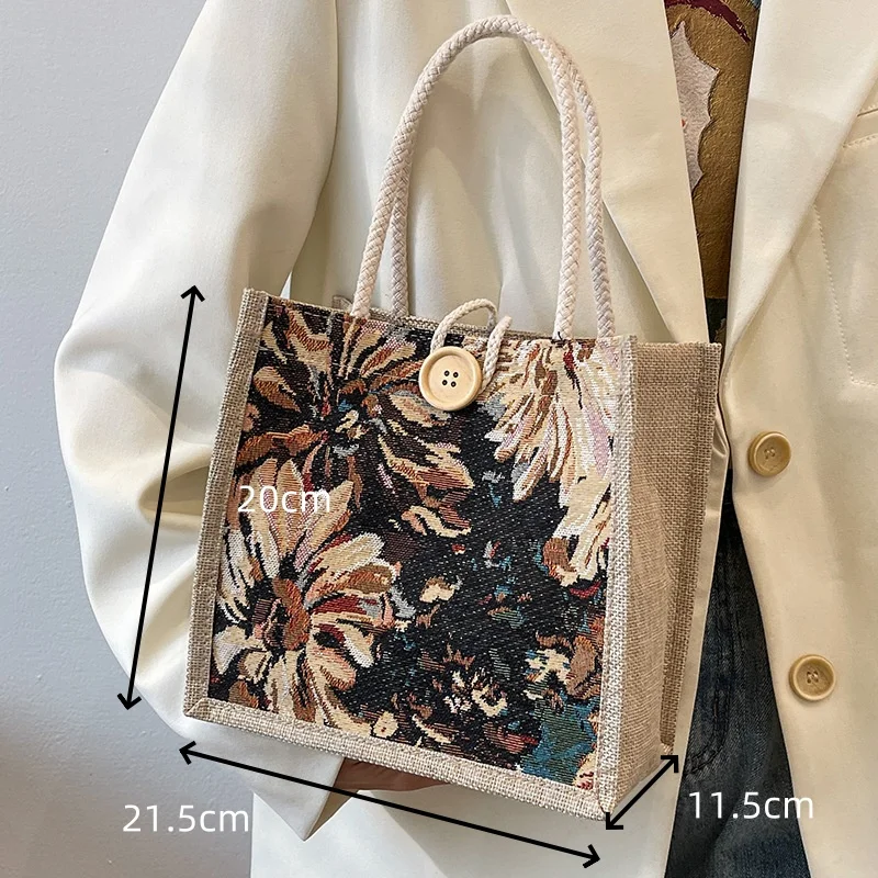 New Women Linen Handbag Flower Print Gift Packing Pouch Lunch Bag Large Capacity Tote Reusable Eco-Friendly Shopping Bag