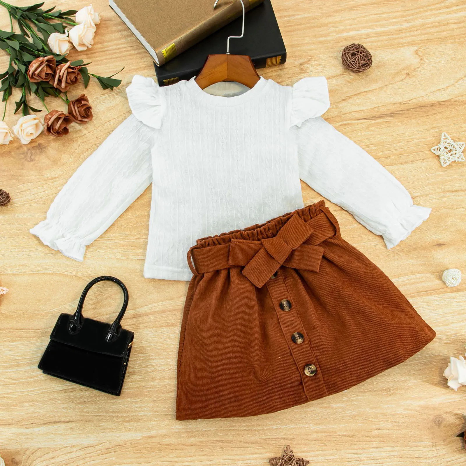 

2-7Y Kids Girls Autumn Clothes Set Ruffle Trim Long Sleeve Ribbed Tops+Bowknot Short Skirts 2Pcs Children Winter Fashion Outfits