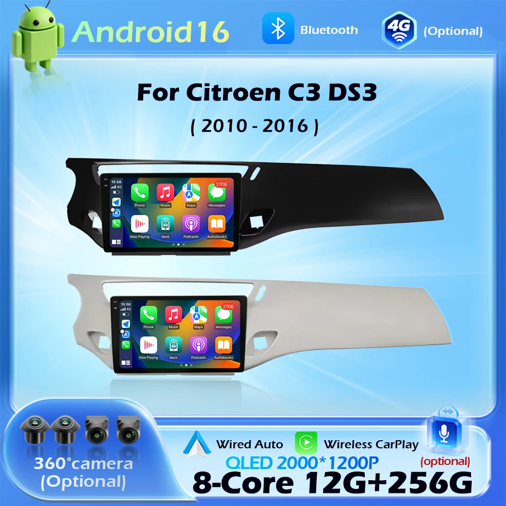 Wireless CarPlay Android 16 For Citroen C3 DS3 2010-2016 DSP Stereo WIFI Car Multimedia Player 4G WIFI Navigation GPS 9 inch BT