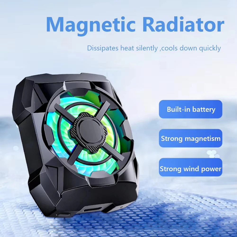 Rechargeable Phone Cooler with Blue Light Wireless Magnetic Mobile Phone Radiator 3 Speeds Adjustable Cooling Fan