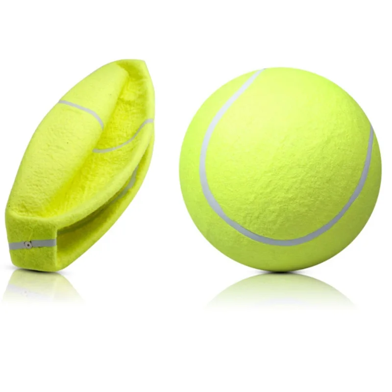 Giant 24cm yellow dog tennis ball next to a standard ball