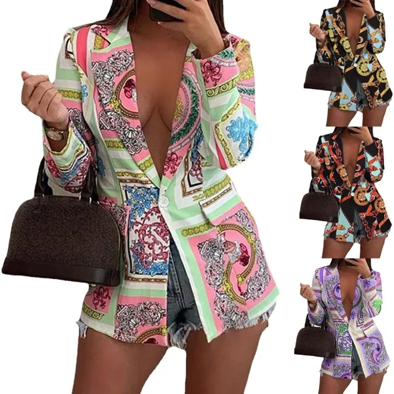 

2023 Autumn Winter Blazer New Women's Long Sleeve Single Button Cardigan Jacket Women's Print Turn-down Collar Sexy Suit Jacket