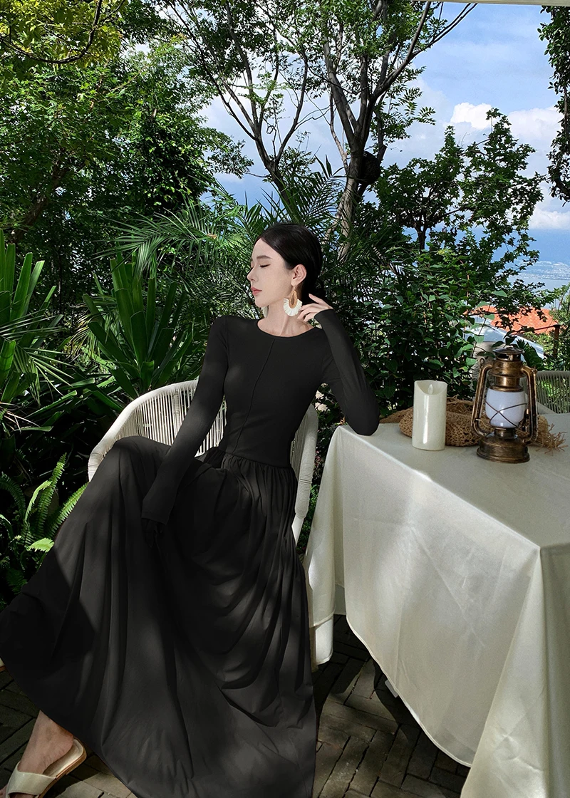 Vestidos largos informales de retazos para mujer, cuello redondo, mangas largas, corte en A, otoño primavera, moda coreana, vestidos de una pieza para mujer, nuevos