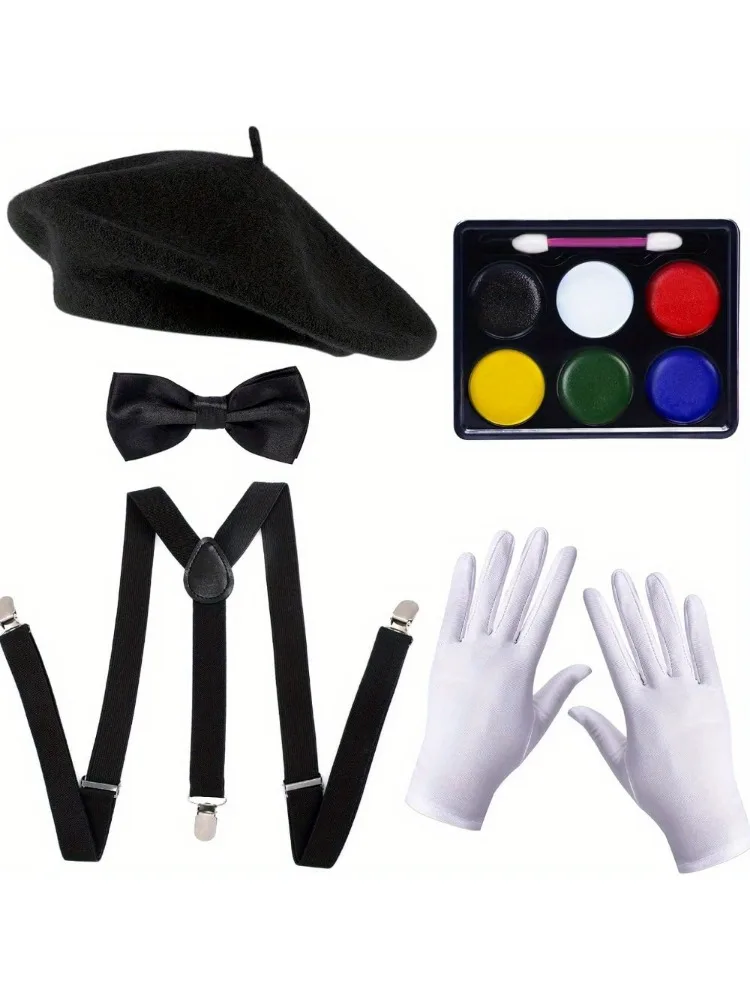 PESENAR Mime Artist Accessories 6Pcs with Beret Hat Suspender Scarf Gloves Face Paint Socks for Halloween mime Costume cosplay hats game cosplay props animal costume set disco hip hop costume set lolita gloves anime cosplay socks cosplay scarf cowl anime gloves