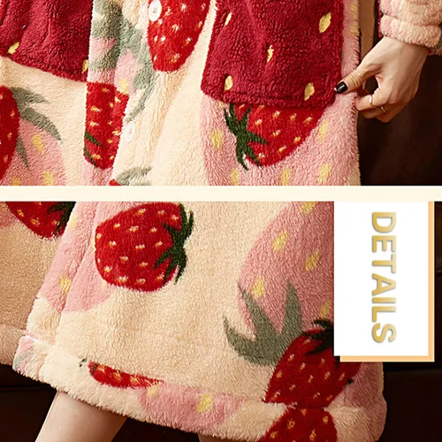 여성용 딸기 잠옷, 겨울 플란넬, 달콤한 후드 잠옷, 따뜻하고 귀여운, 느슨한, 아늑한, 두꺼운 패션, 부드러운 잠옷 5