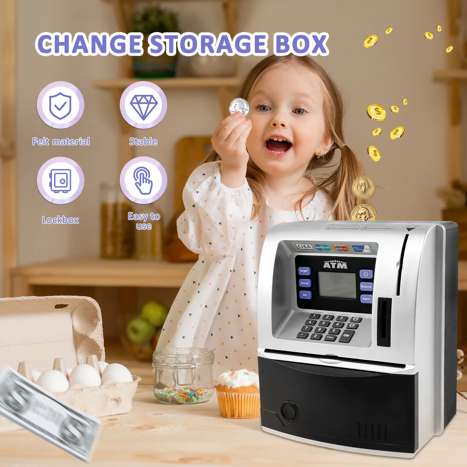 어린이 돈 은행 전자 암호 돼지 저금통 미니 ATM 현금 동전 돈 상자 어린이를위한 생일 장난감 ATM 은행 상자