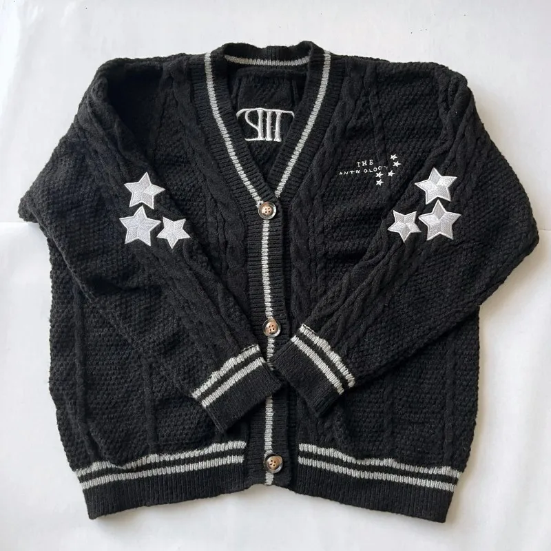 Stars Embroidery Cardigan WomenDark Brown V-neck Knitted Cardigans Female Autumn Winter Long Sleeve Sweaters Vintage Soft Tops 4