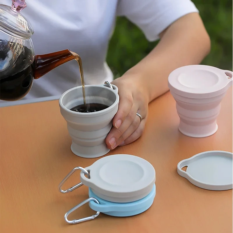Folding Cups Portable Silicone Retractable Outdoor Folding Water Cup With Lid Mountaineering Buckle Travel Camping Drinking Cup