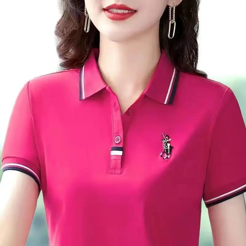 ★AMl PARlS★ 24SS Women's Heart Logo Polo Short Sleeve T-sh Women's Short Sleeve T-shirt 2024 New Middle-Aged Women's