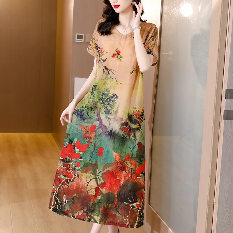 Ramie Dress Female 2022 New Summer Retro Landscape Painting Long Skirt  Loose Tight Casual Party Elegant Large Size Vestidos