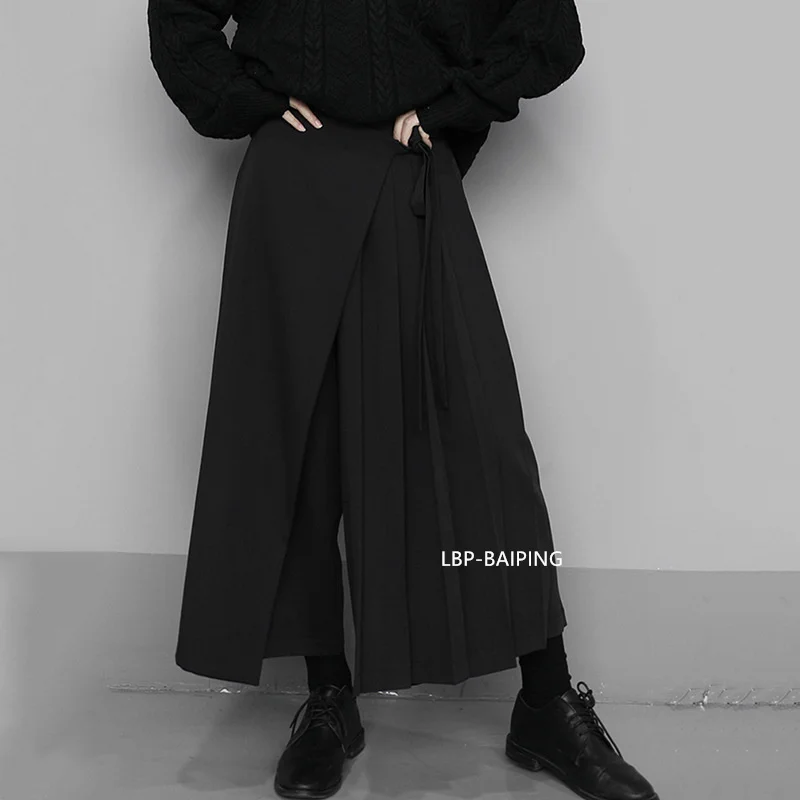 Autumn New 2026 Irregular False Two-piece Skirt Pants Women Black Wide-leg Pant Ladies Elastic Waist Straps Casual Pants Lady