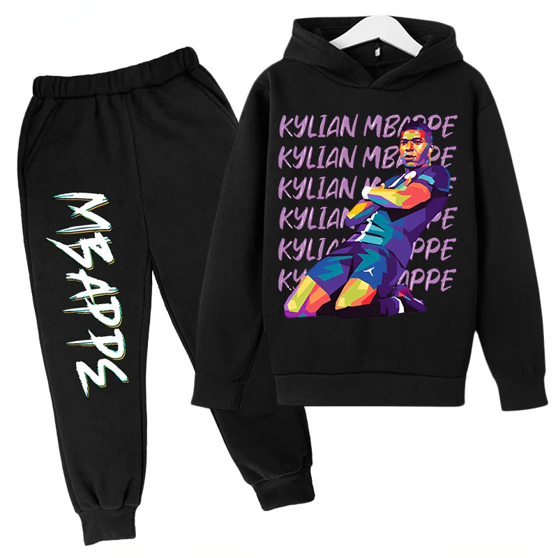 thumbnail image 1 of Conjunto de sudadera y pantalones con estampado de Mbappé para niños, primavera y otoño de 2024, conjunto de ropa deportiva de 2 piezas para niños y niñas, ropa para niños, 1 of 5