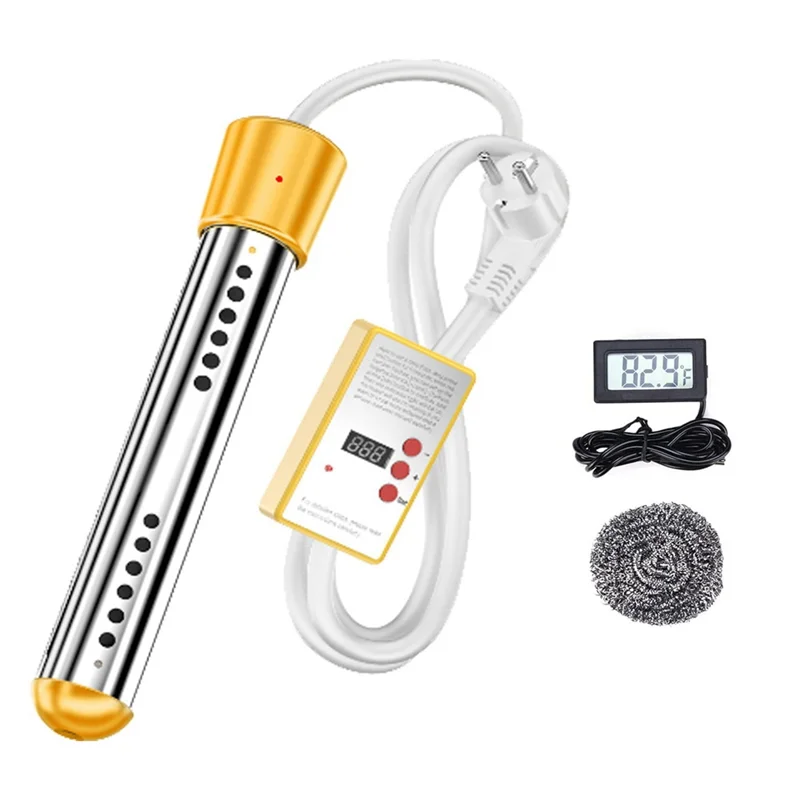 A78E-Immersion Water Heater, 1500W Electric Submersible Water Heater with Timer, Stainless Steel Guard Cover EU Plug 1
