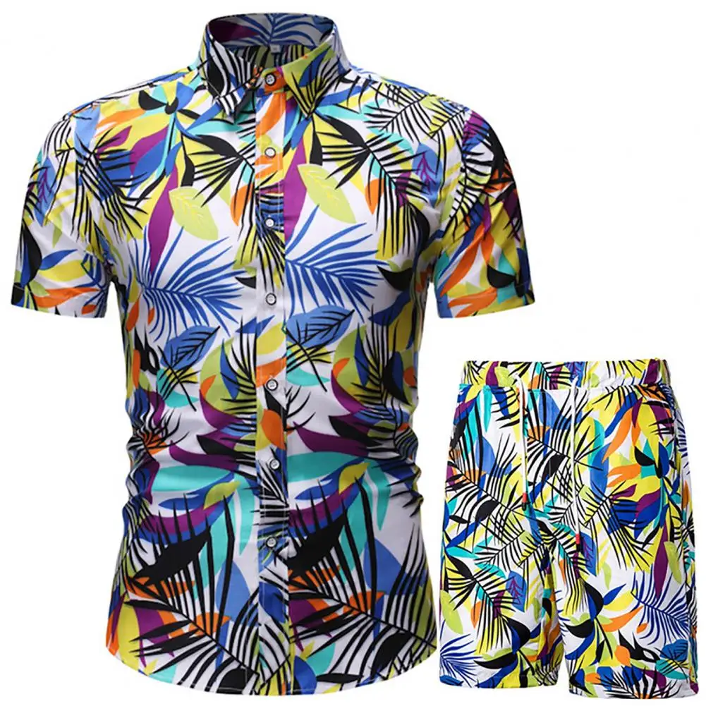 Men Tracksuit Flower Printed Single-breasted Button Polyester Slimming Fitting Sporty Outfit Short Sleeve Shirt+Beach Shorts Set