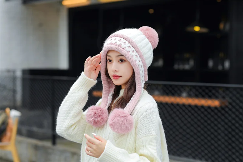 Neue Gestrickte Hut Dicke Warme Earflap Hüte Schal 2Pcs Set Fleece Gefüttert Ball Bommel Skullies Beanies Frauen Winter kaninchen Fell_voghion.com