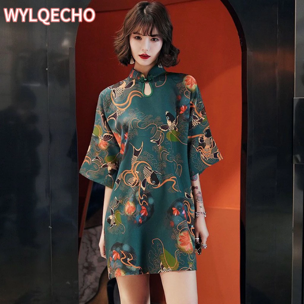 

Traditional Chinese Hanfu Qi Pao Women Retro Cheongsam Girl Japanese Harajuku Style Vintage Carp Crane Printed Party Qipao Dress